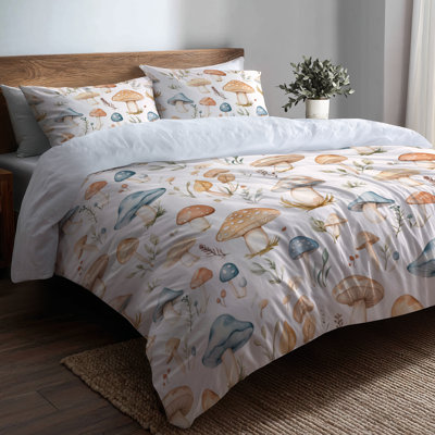 Kids Woodland Bedding Set of 6 - Nature Pastel Mushrooms Twin Bedding And Throw Pillow Set