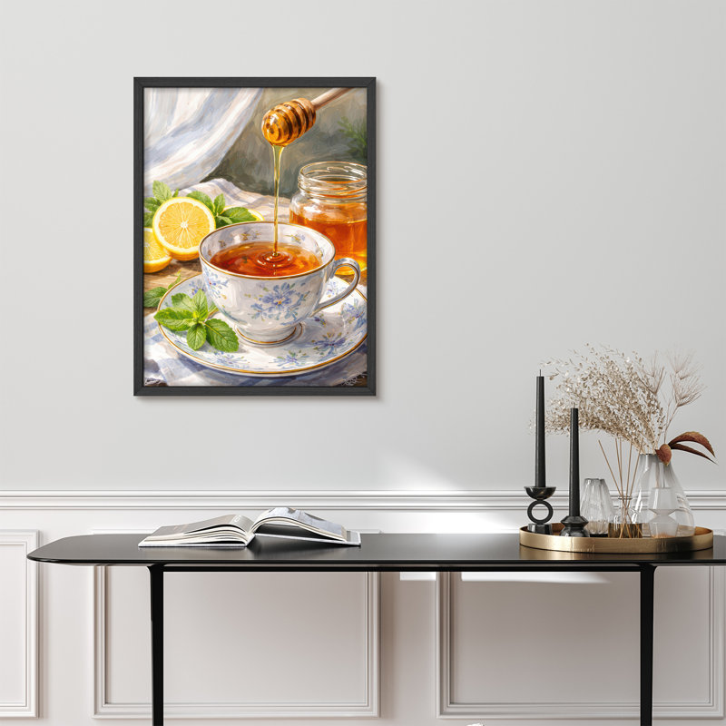 Honey Lemon Tea Still Life Framed Wall Art Prints - Cozy Kitchen Decor, H 10 po x l 8 po, Noir