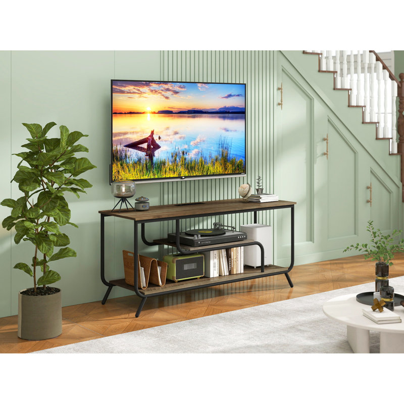 Meuble télé de 55 po avec capacité de poids exceptionnelle et lumières à DEL, espace de rangement pour salle de divertissement moderne et gris, pouvant accueillir jusqu'à la télévision, avec tablettes