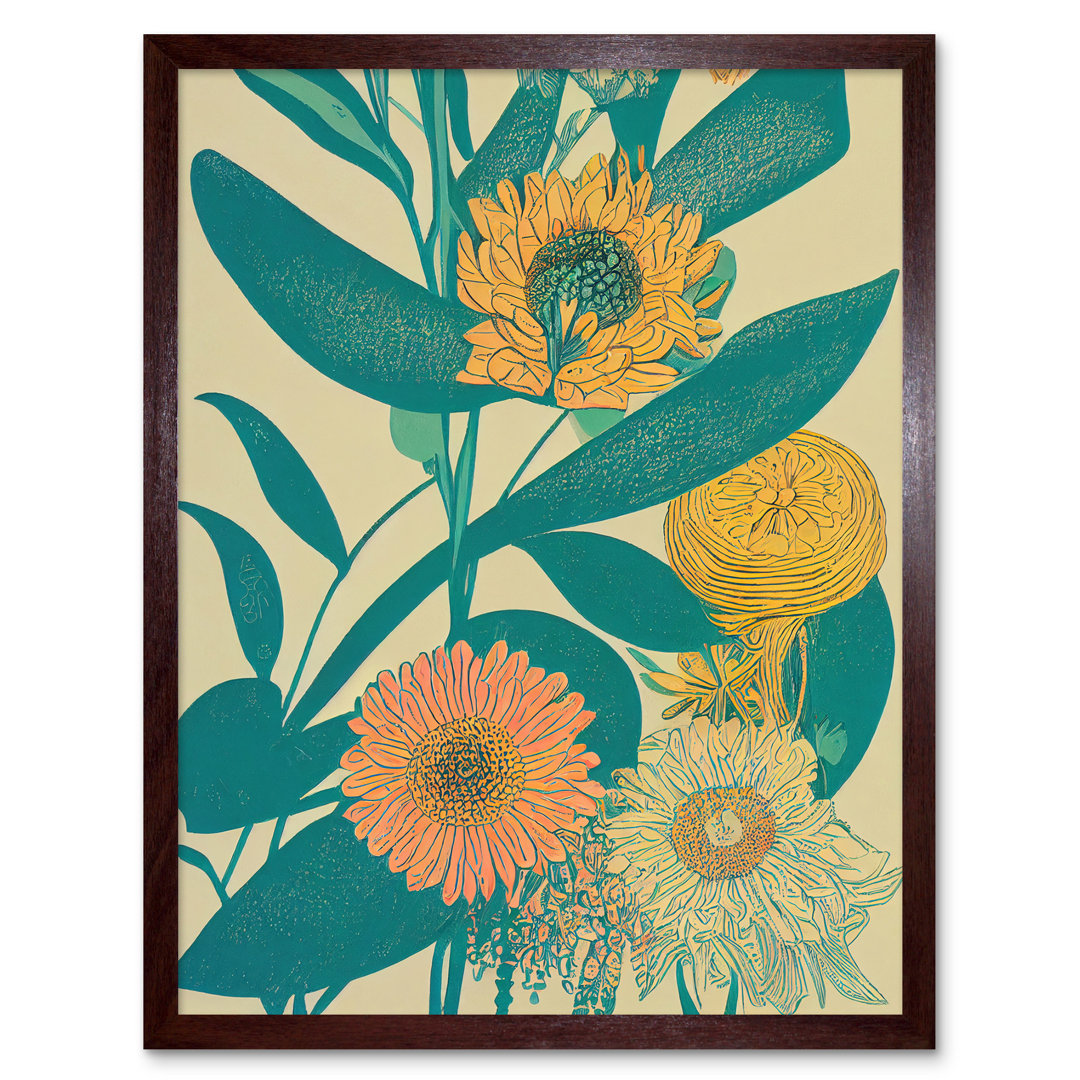 Marigold Daisy Flowers Turquoise Leaves Abstract - Print