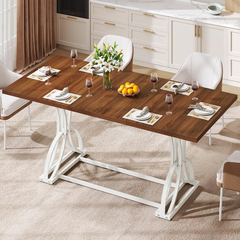 70.3" Large Modern Dining Table For 6-8 People, Rectangular Walnut Kitchen Dining Room Table With Thick Tabletop And White Geometric Metal Legs, Farmhouse Wood Dinner Tables