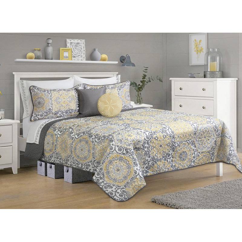 Ensemble de courtepointe réversible en microfibre grise, jaune et blanche Safdie Luxury Home