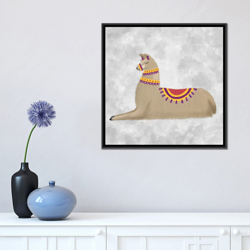 « jolie llama ii », impression sur toile tendue, H 18 po x l 18 po x P 1,5 po, Toile avec cadre noir, Pas de tapis
