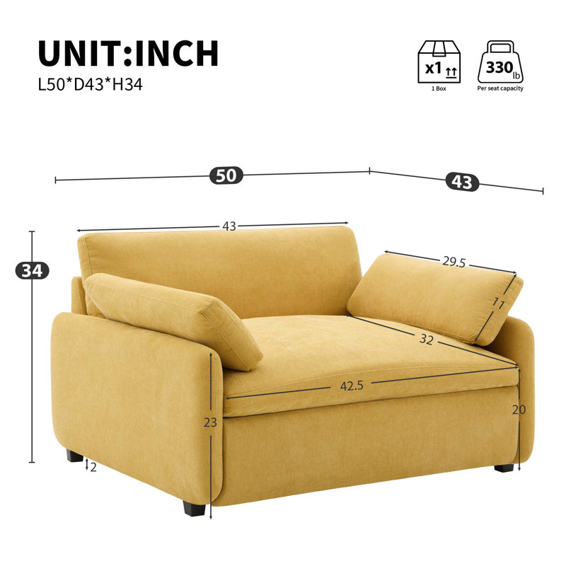 Oversized Chenille Single Sofa Chair,Wide And Deep Seat Accent Chair, Yellow Chenille