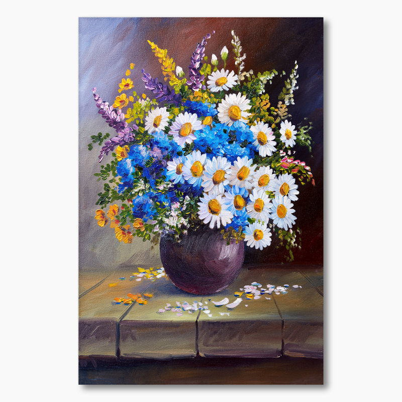 Pot de fleurs marguerites bleues et blanches - Peinture, H 12 po x l 8 po, Toile tendue