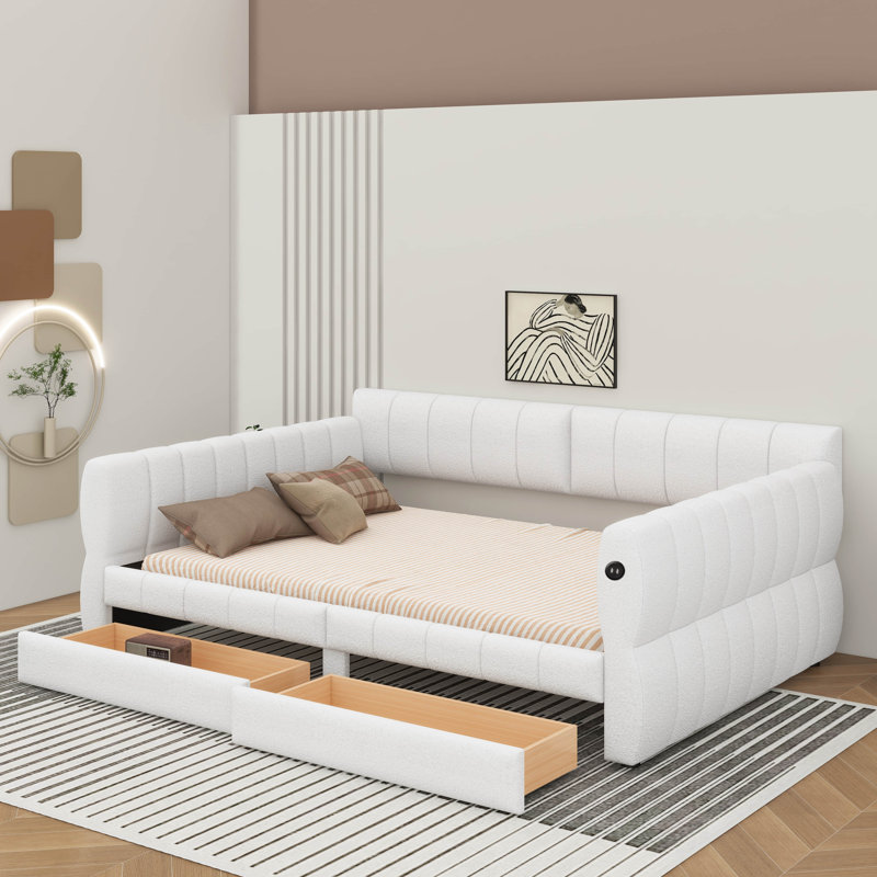 Grand lit plateforme tapissier avec port USB et tiroirs, Blanc