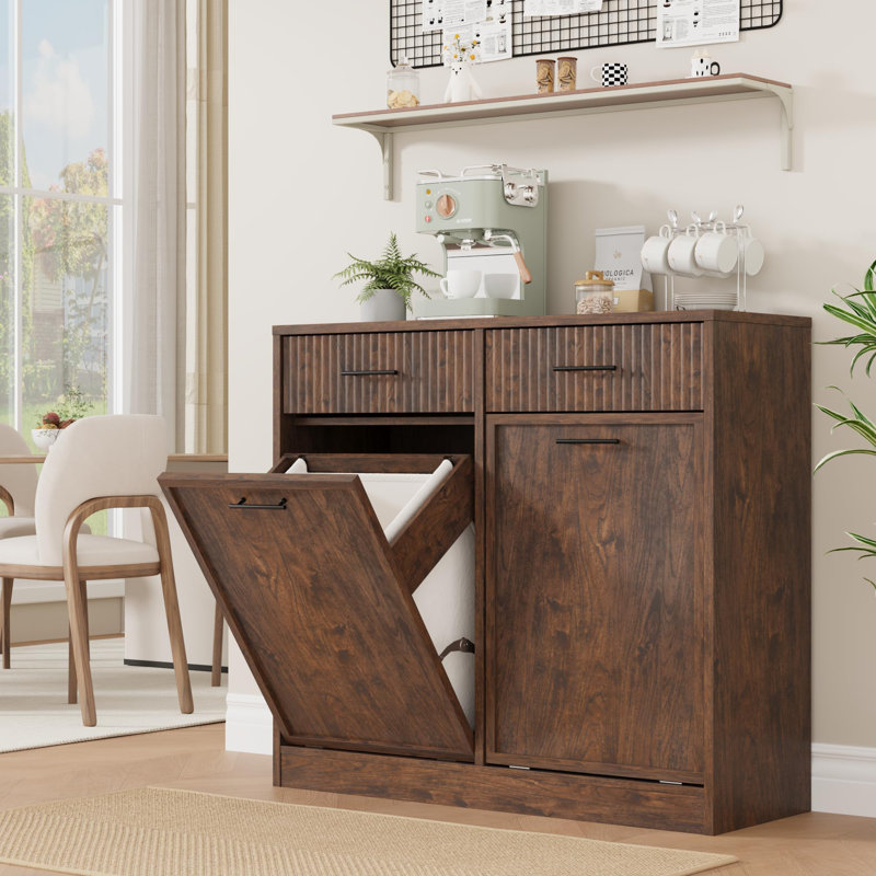 Meuble à linge basculant gain de place avec panier étanche – Rangement mince en bois pour salle de bain, buanderie ou cuisine – Finition cerisier, meuble simple