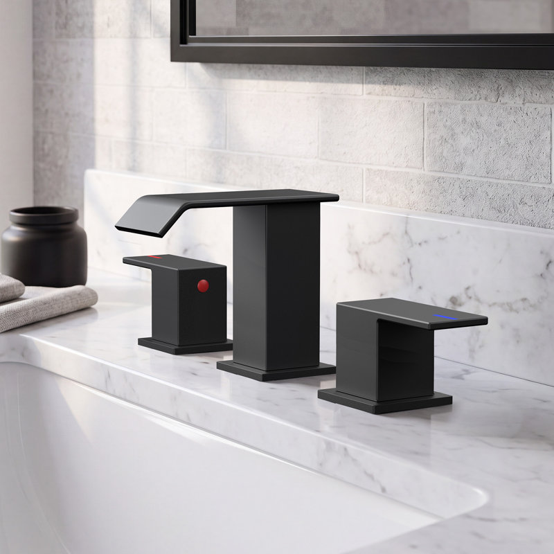 Waterfall Widespread Bathroom Faucet with Drain Assembly, Matte Black