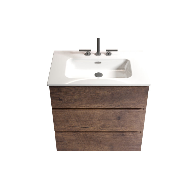 Lavabo pour salle de bain en noyer. Capacité intérieure agrandie, fonctionnement silencieux. Poignée ergonomique - Apparence. Bassin blanc. Vaste espace de rangement pré-assemblé