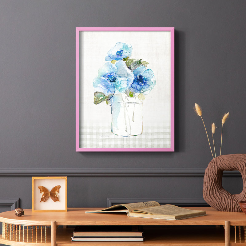 «Gingham Blue Flowers I», reproduction encadrée - bois massif, H 10 po x l 8 po, Rose