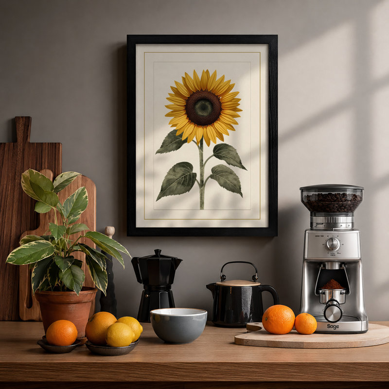 Golden Sunflower Study Botanical - Print, Black, A3 - 42.0 x 29.7 cm