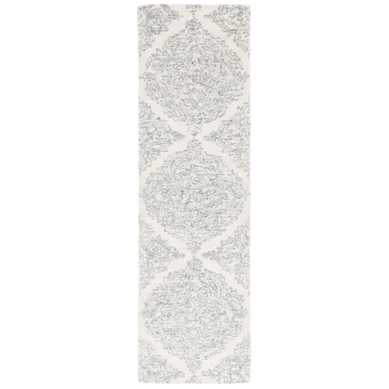 Ivory and Blue Hand-Tufted Wool Damask Runner Rug