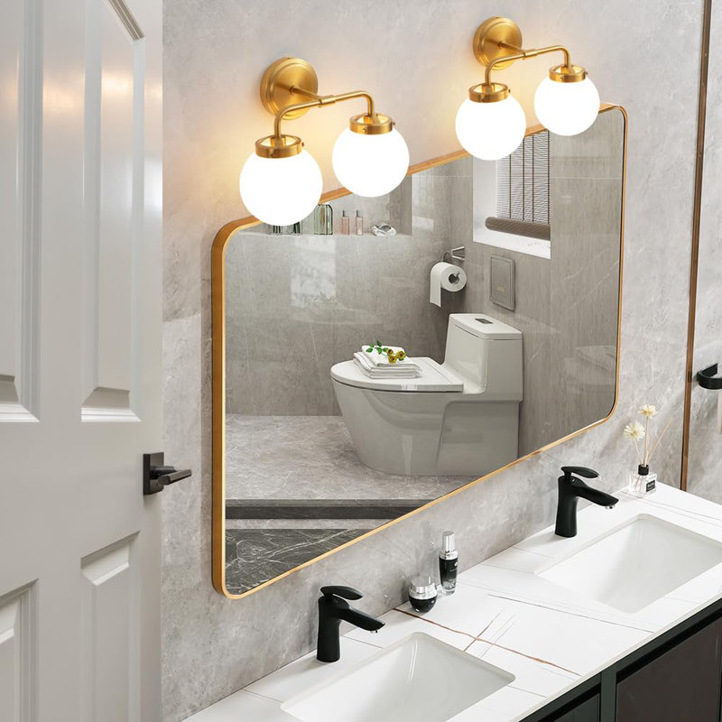 Appliques murales de salle de bain sur miroir, applique murale en laiton doré moderne à 2 lumières avec abat-jour en verre laiteux