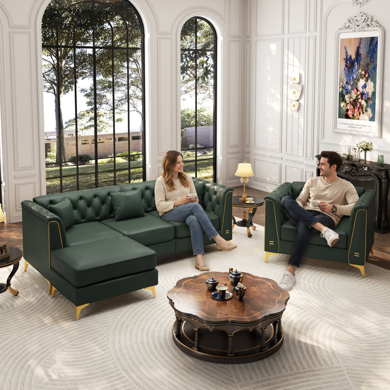 Ensemble de canapés luxueux 3 pièces Chesterfield, 3 pièces: chaise, canapé, repose-pieds, Vert