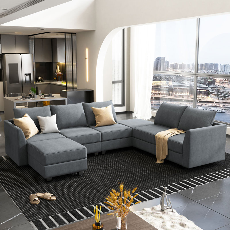 U shaped Corner Modular Sectional Reversible Sofa Couch with Storage Seat, Bluish Gray Polyester Blend