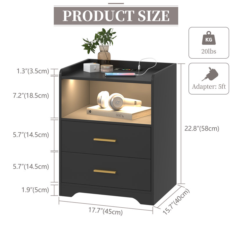 17.7"2-Drawers Modern Nightstand With 20-Color RGB Lighting and Motion Sensor, Black