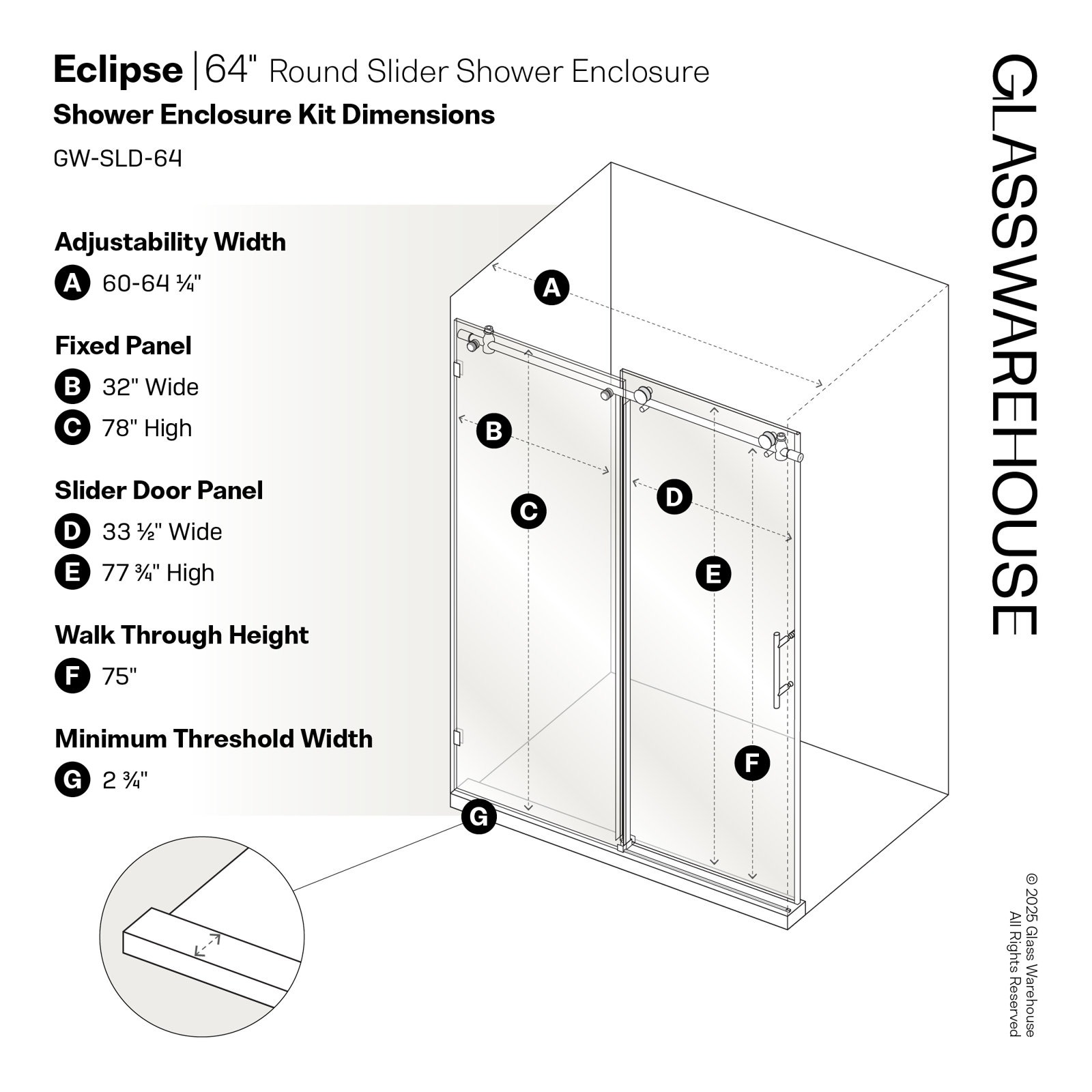 Eclipse 64" Frameless Sliding Shower Door, Matte Black