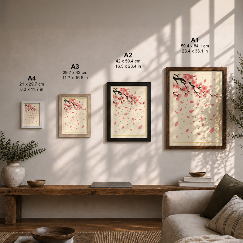Cherry Blossom Drift Botanical - Framed Print, A4 - 29.7 x 21.0 cm, White
