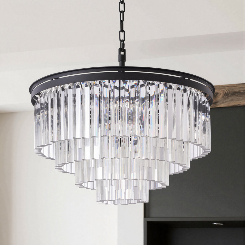 Lustre rond en cristal 13 lumières 27 po, 13 lumières, Noir mat, H 16,5 po x l 27 po x P 27 po