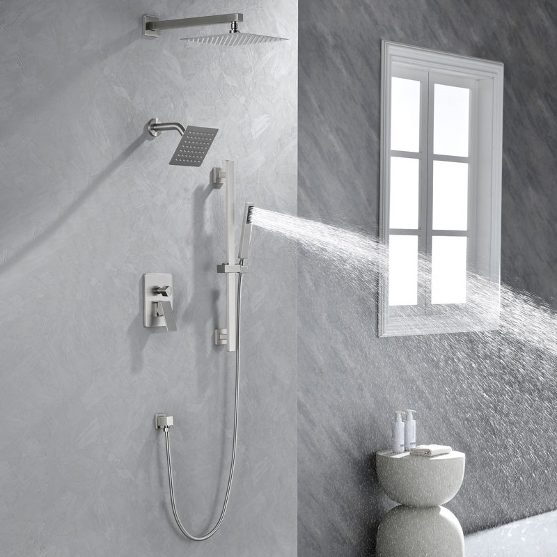 Système de douche mural avec douche à main et ensemble de garniture de douche en laiton avec barre coulissante, Nickel brossé