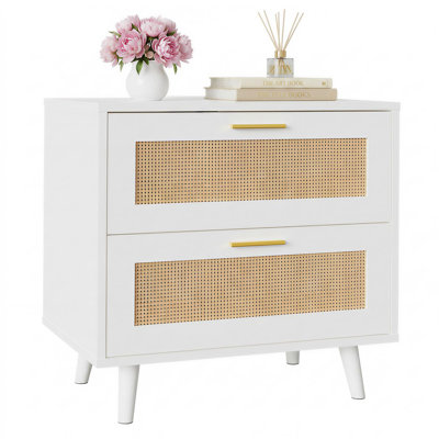 Table de chevet en rotin avec station de charge, table de chevet Boho | 2 ports USB et prises de courant, commode à 2 tiroirs, table de chevet Mid Century pour chambre à coucher, salon