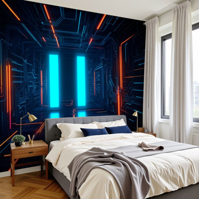 Peel and Stick Wallpaper Futuristic Corridor Neon Glowing Lights Circuit Wall Murals 100"H x 144"W Removable PVC Wall Paper Self-Adhesive Wall Decor for Bedroom Living Room Home Office