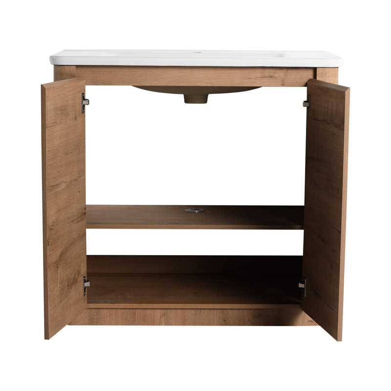 Meuble-lavabo autoportant moderne de 36 po avec lavabo en céramique blanche, 45 poignées à bord incliné et fonction de fermeture en douceur de 36 po avec rangement latéral