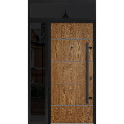 Porte avant en acier pré-suspendue à l'avant / deux en chêne naturel 6683 / fenêtre extérieure latérale et supérieure en métal / entrée en métal peinte de style moderne l 36 po x H 14 po x H 80 po + ouverture à gauche 16 po