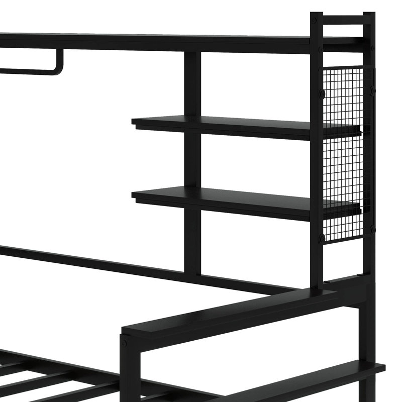 Lit de jour polyvalent en métal avec bureau réglable, grille robuste, tablettes utiles et support pratique, Lit simple