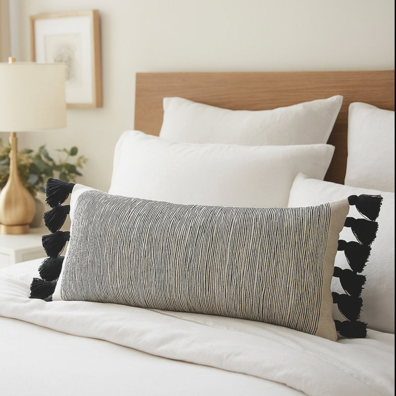 Contemporary Striped Tasseled Cotton Lumbar Pillow