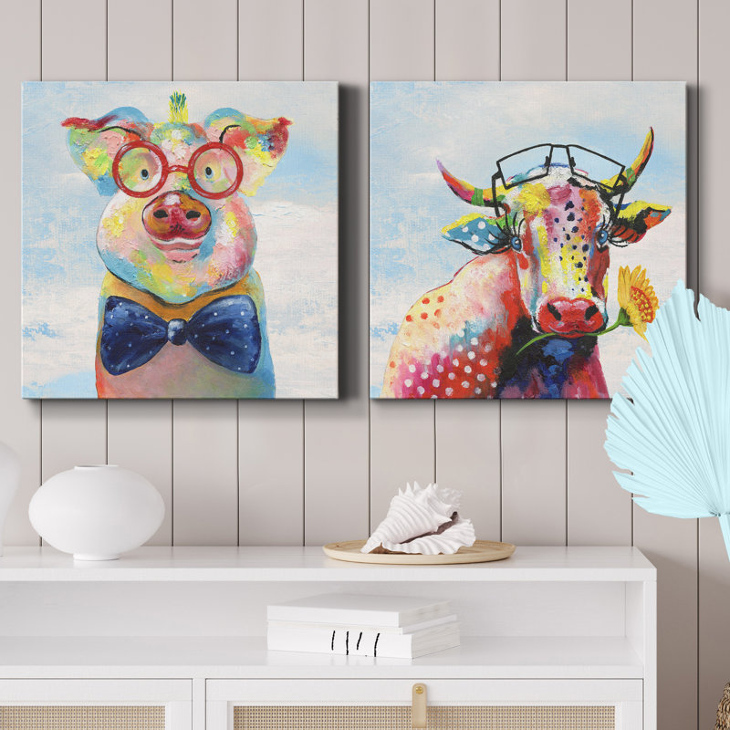 Groovy Pig and Sky - ensemble de 2 peintures, H 24 po x l 48 po x P 1 po, Toile tendue