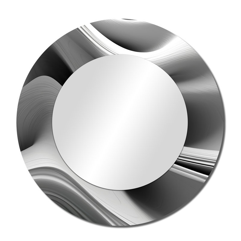 Planchard White Black Infinite Ripples - Waves Wall Mirror, White Round Decorative Mirror, Printed Metal Art, 36" x 36"