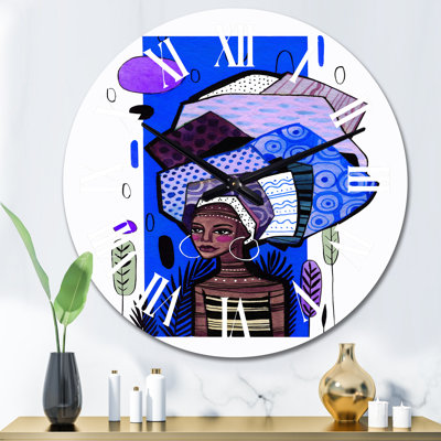 African American Girl with Blue Geometrics - Mid-Century Modern Wall Clock