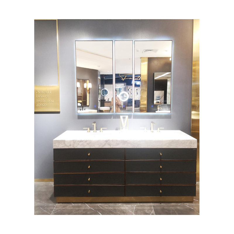 Gris mat avec garniture en métal doré brossé, intérieur en bois de noyer avec comptoir en marbre et quartz 72 po