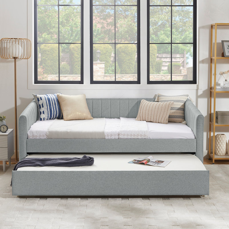 Daybed with trundle - upholstered sofa bed, vertical stripes, linen fabric, Gray, Twin