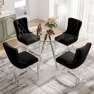 Modern Bar Set, 31.5in Glass Table + 2/4 Velvet Barstools for Kitchen Island