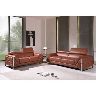 Camel Genuine Leather 2-Piece Sofa & Loveseat Set with Adjustable Headrests