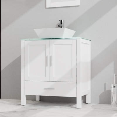 Meuble-lavabo de 30 po avec plateau en verre et miroir seulement, blanc