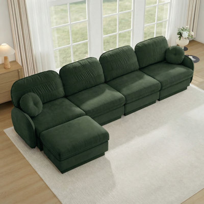 Canapé surdimensionné en L 137 po en chenille de 137 po, canapé à assise profonde avec repose-pieds mobile, coussins ronds exquis et coussins de dossier matelassés, pieds à structure encastrée, assemblage facile, convient au salon, vert