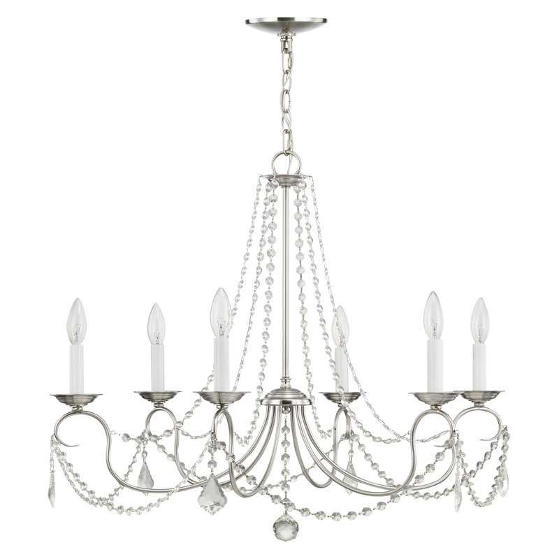 Lustre classique / traditionnel à 6 lumières de style candélabre avec détails en cristal Fabio, Nickel brossé