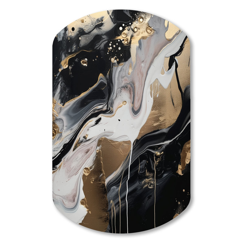Back And Gold Marble Medley III - Asymmetrical Abstract Marble Metal Wall Decor, Cylinder Metal Wall Sculpture Print