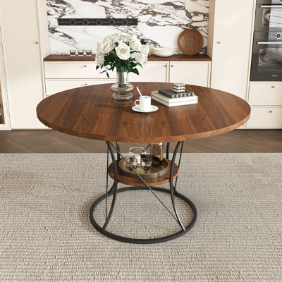 Table de salle à manger de 43 po pour 4 à 6 personnes, table de ferme extensible avec tablette de rangement et base en métal, grande table ronde en bois brun et noir de 43 à 59 po, grande table ronde pour la maison (sans chaises)