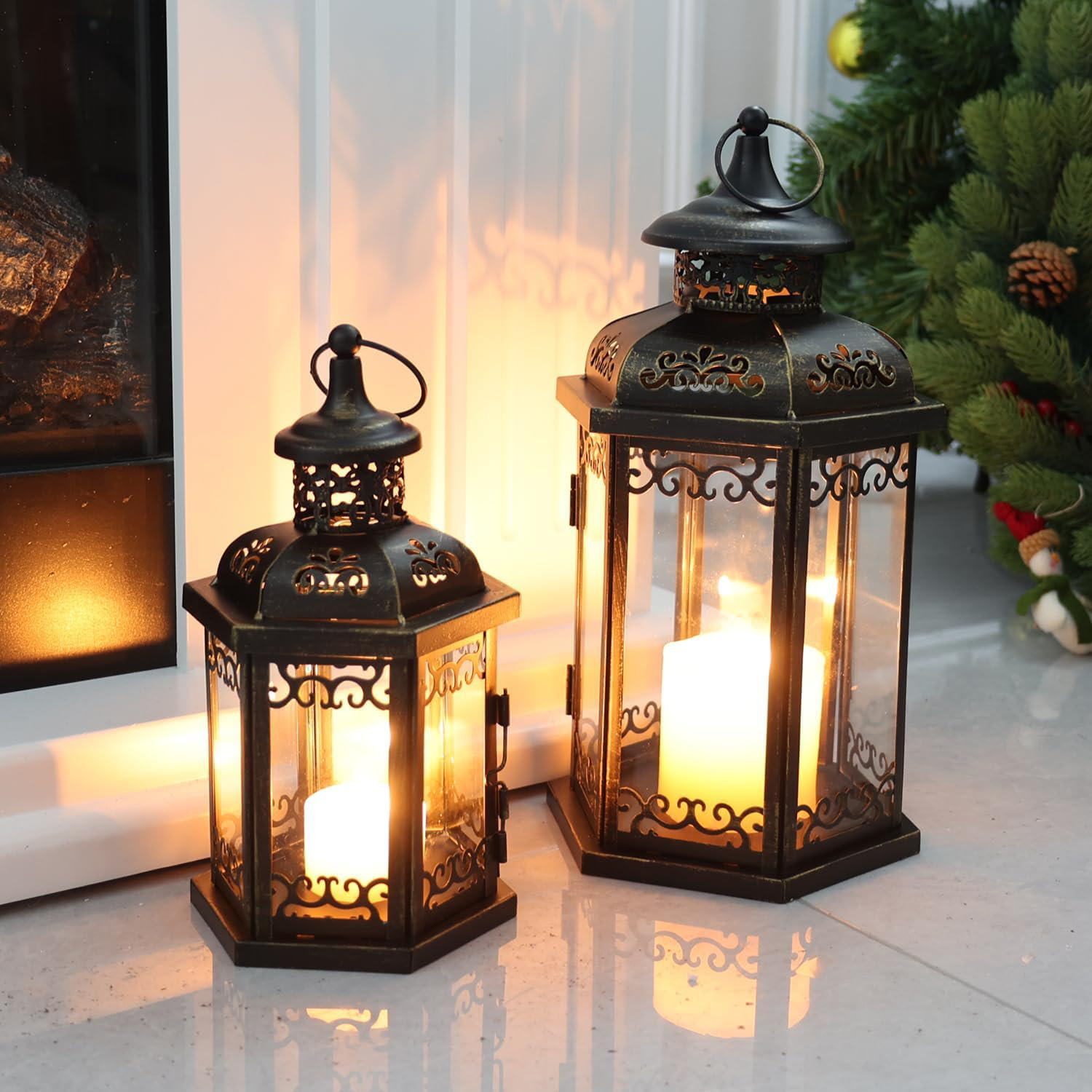 SHANXIQIANNA Large Lantern Decorative Outdoor \u0026 Indoor, Set of 2  (15’’\u002611’’) Metal Candle Lanterns Decor, Vintage Hanging Candle Holder |  Wayfair, image size:1500x1500