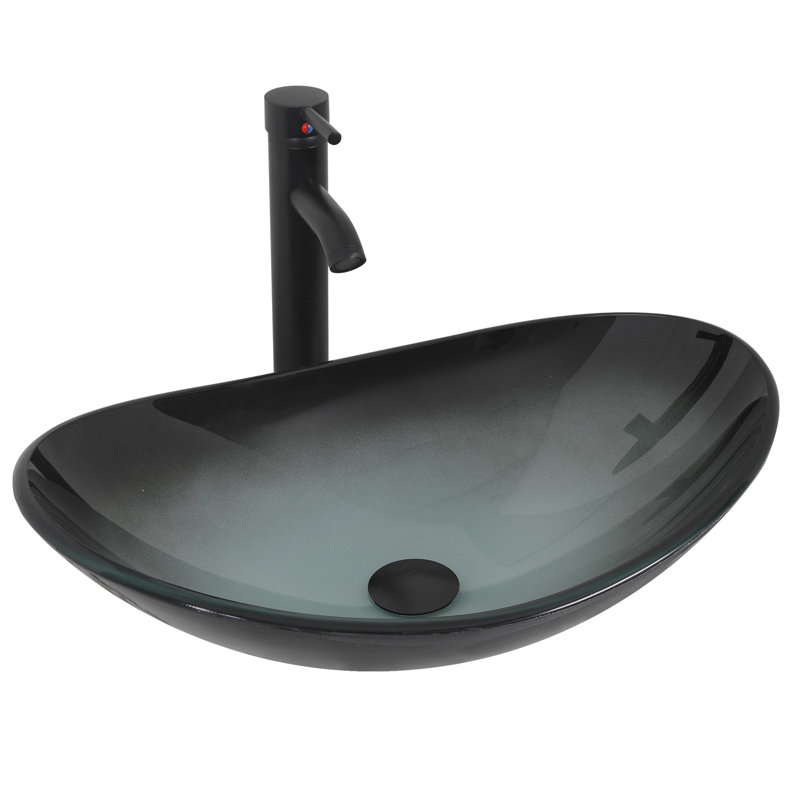 Lavabo de salle de bain ovale en verre trempé 21 po avec robinet Wade Logan® Beyo, Noir/gris, Noir
