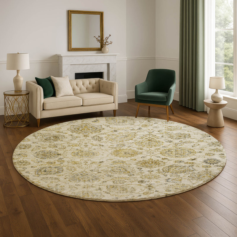 Premium Machine Washable Ashington AMF1833 Damask Rug, Round 8'