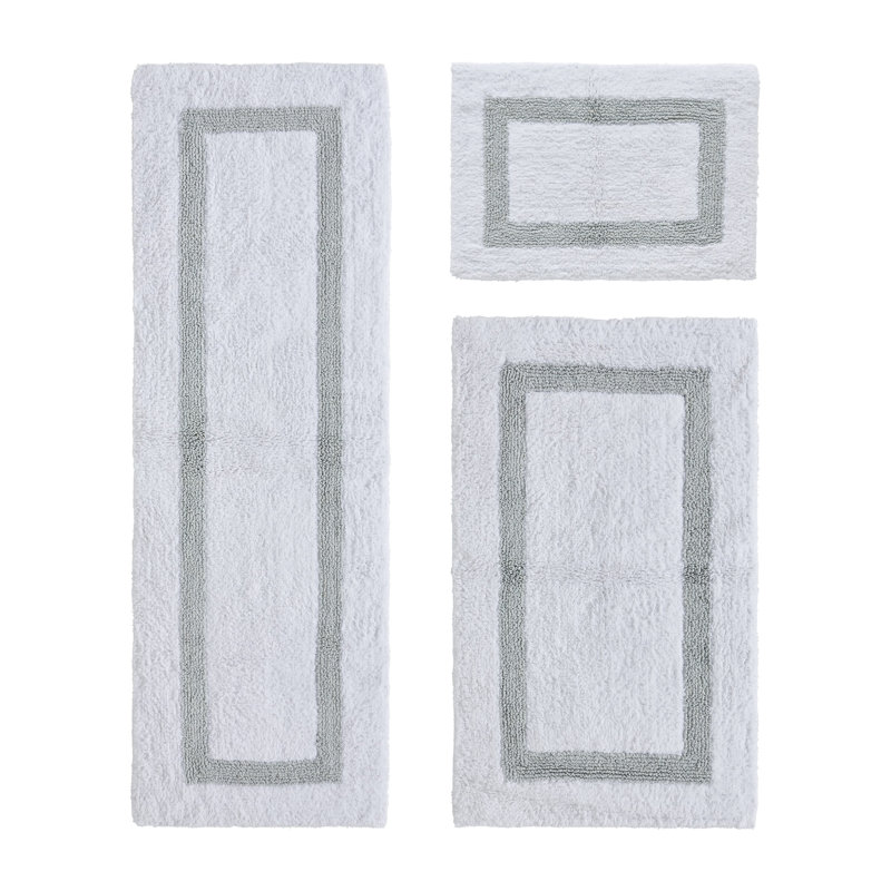 Ensemble de tapis de salle de bain réversible 100% coton ultra doux 3 pièces Atle, Blanc / Bleu