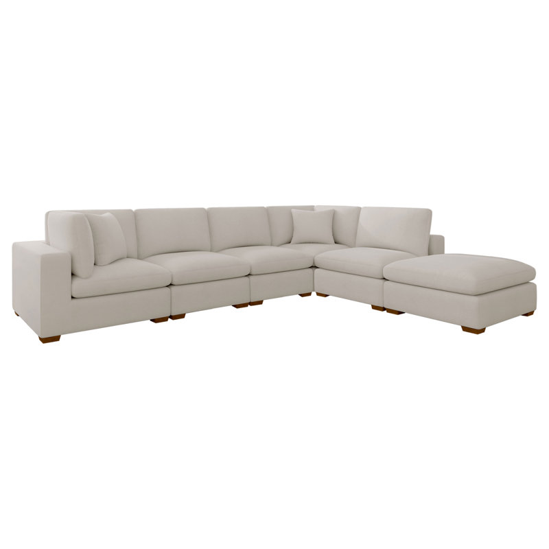 Canapé modulaire 6 pièces Jenette, Chenille ivoire, Chêne
