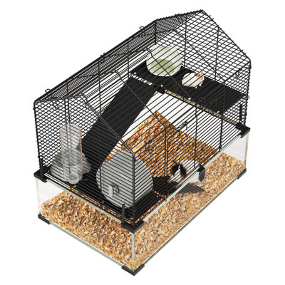 23" x 15" x 21" Black 3 Tiers Hamster Cage with Deep Tempered Glass Bottom Large Hamster Tank with Running Wheel Hut Dish ＆ Water Bottle Rat Cage for Dwarf Syrian Gerbils Mouse