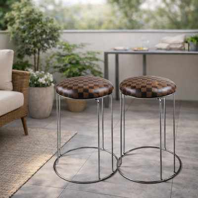 Set of 2 Petite Lightweight Brown Black Pattern Stool with Silver Frame, Fabric Seat Compact Living Room Accent Home Decor