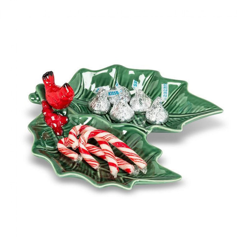 Cardinal On A A Holly Leaf Sectioned Serving Tray